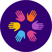Illustration of cyan, magenta, yellow, orange and lavender hands in the center of a purple