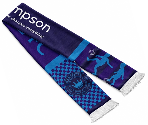 Purple scarf with Thompson logo and Charlotte Football Club logos on it